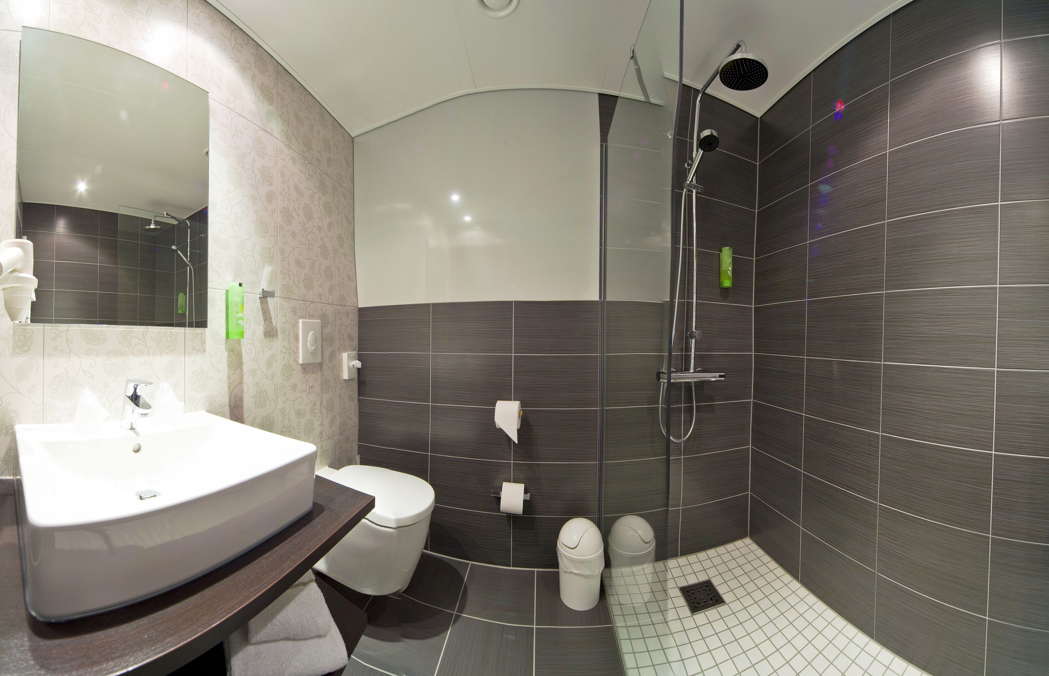 shower, rainfall showerhead, hair dryer, towels