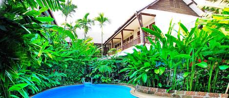 Una piscina al aire libre, sillones reclinables de piscina