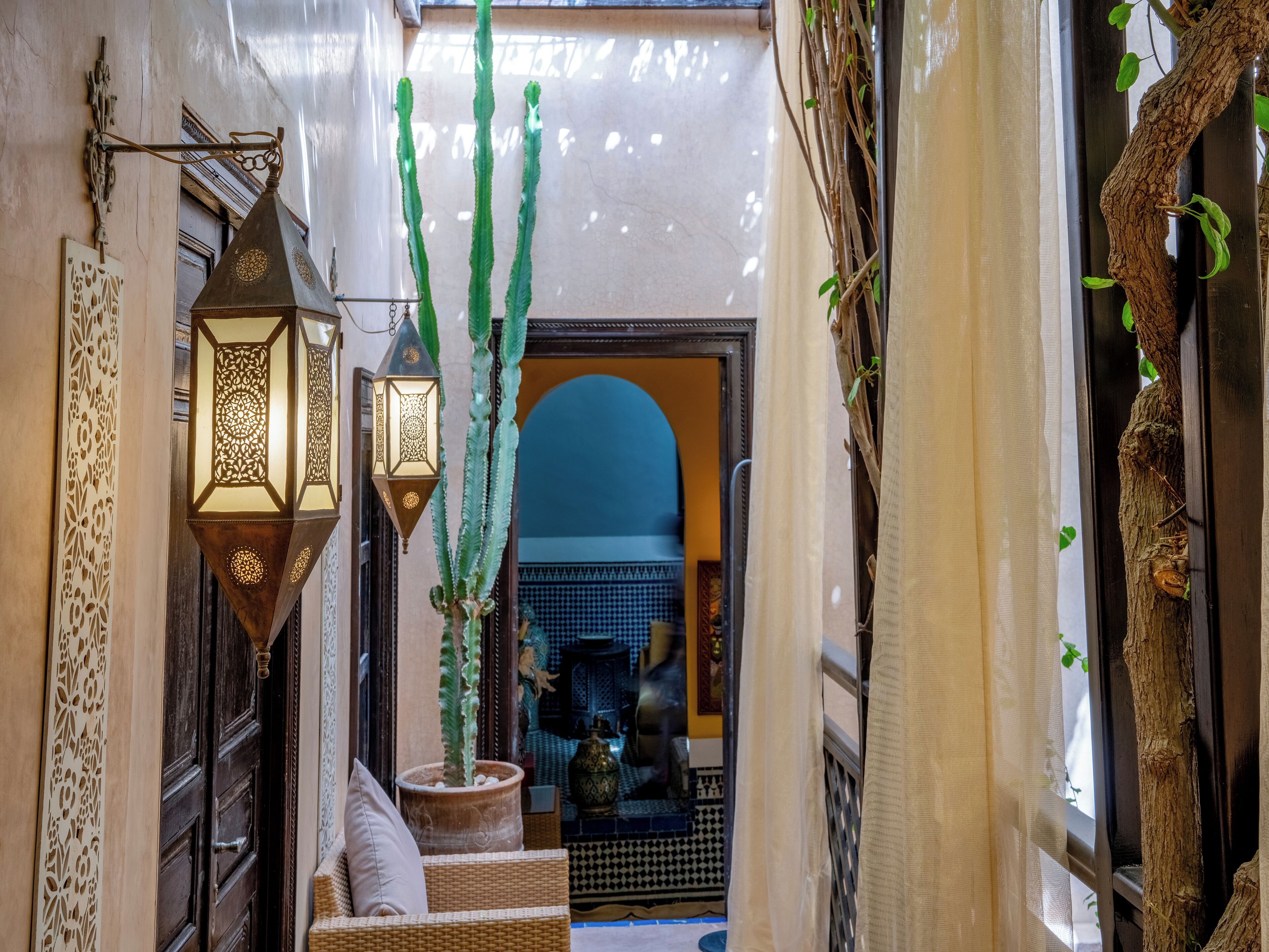 A narrow hallway with ornate wall decorations, a potted cactus, and a traditional Moroccan archway.