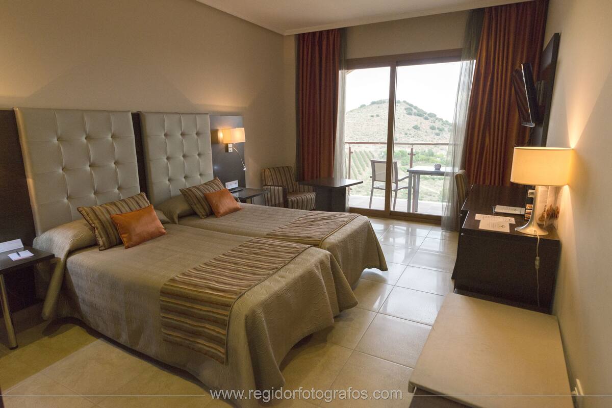 A hotel room with a large bed, a desk, a chair, a TV, and a balcony with a view of the hills.