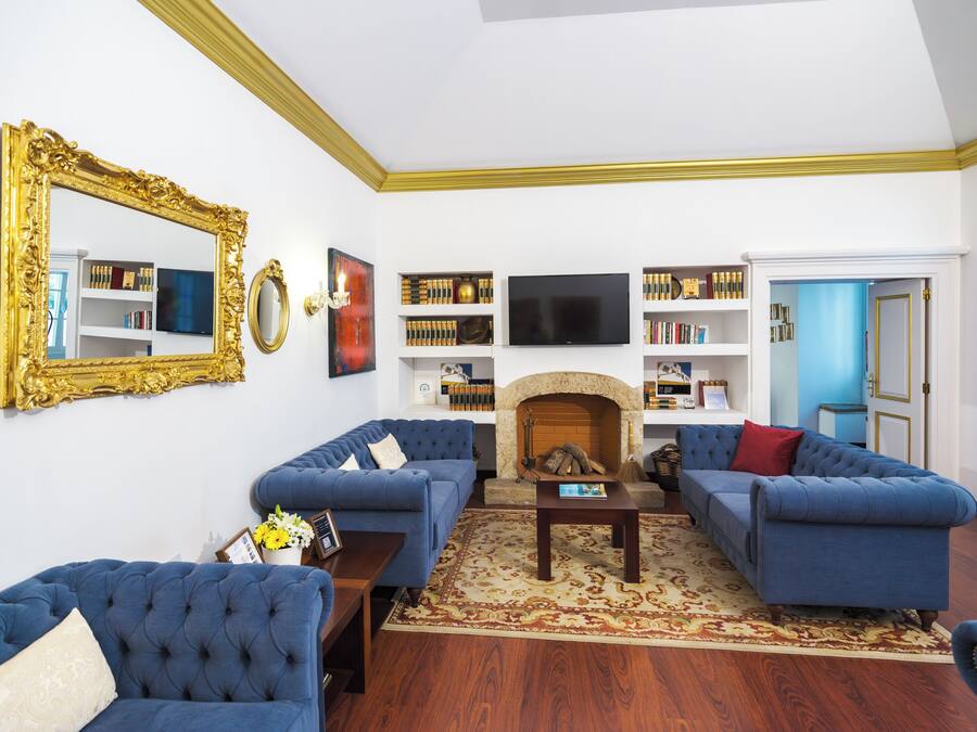 Una sala de estar con dos sofás azules, una chimenea, un televisor y estanterías.