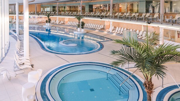 A large indoor swimming pool with multiple lanes, surrounded by sun loungers and palm trees.