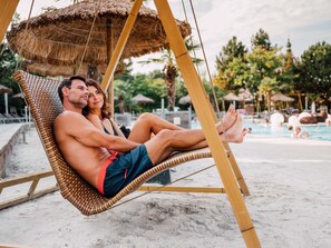 Private beach, white sand, sun-loungers, beach umbrellas
