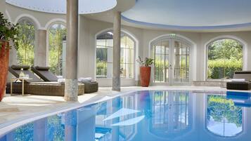 Indoor pool, outdoor pool, sun loungers