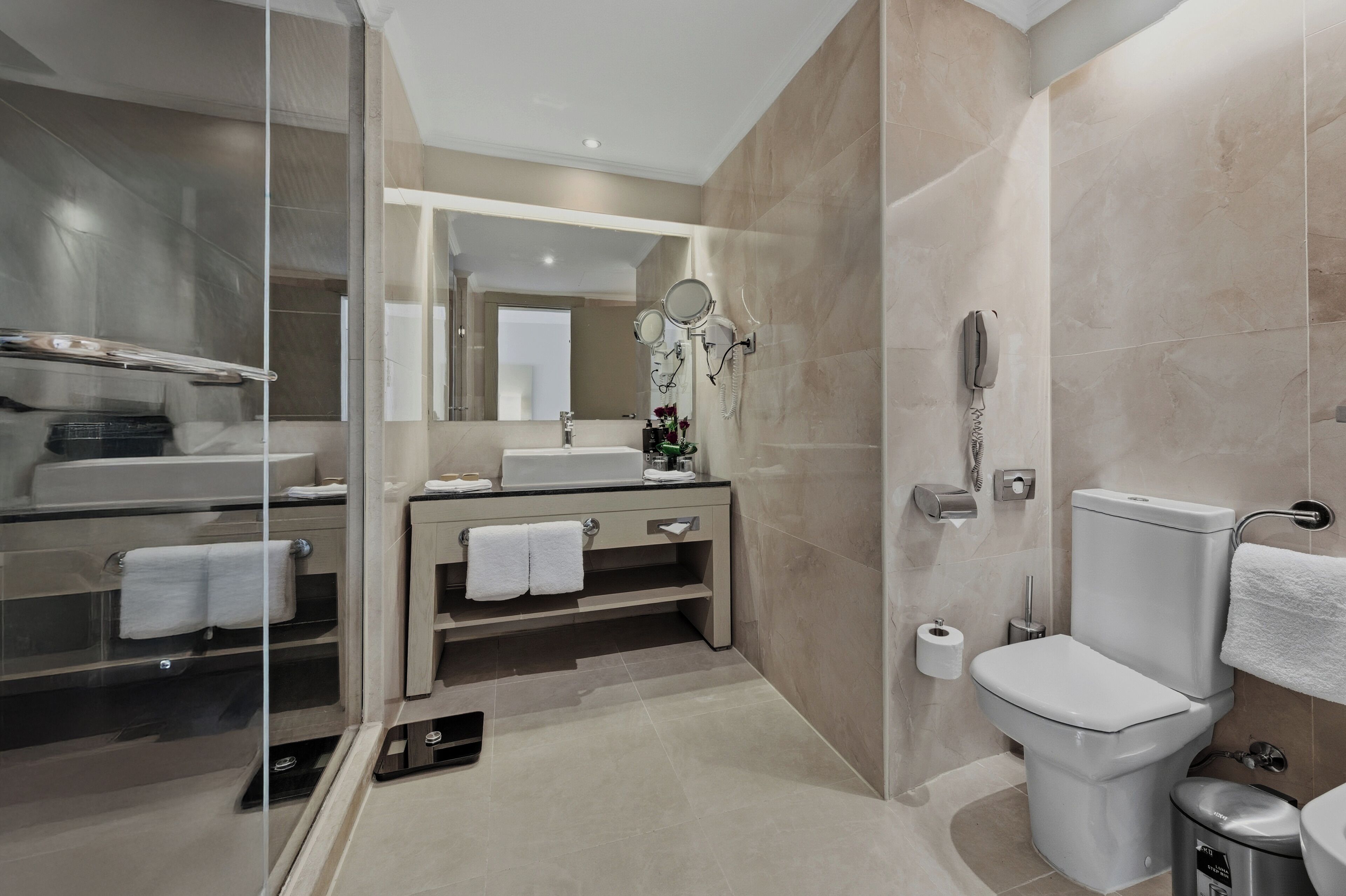 Ein modernes Badezimmer mit Duschkabine aus Glas, Waschtisch mit Spiegel, Toilette und Waschbecken.