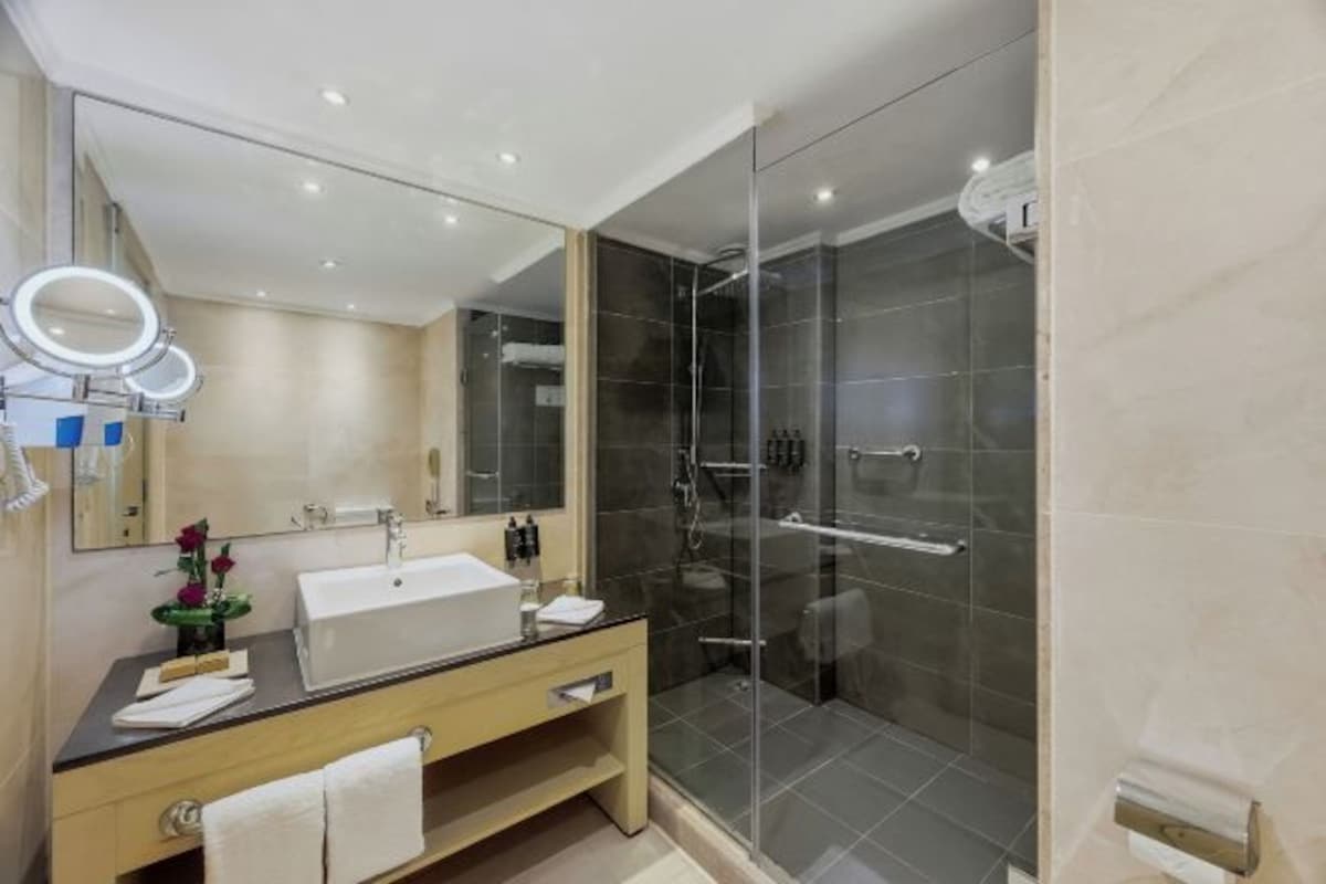 Une salle de bain moderne dotée d’une douche à parois de verre, d’un grand miroir et d’un meuble-lavabo avec un évier et un porte-serviettes.