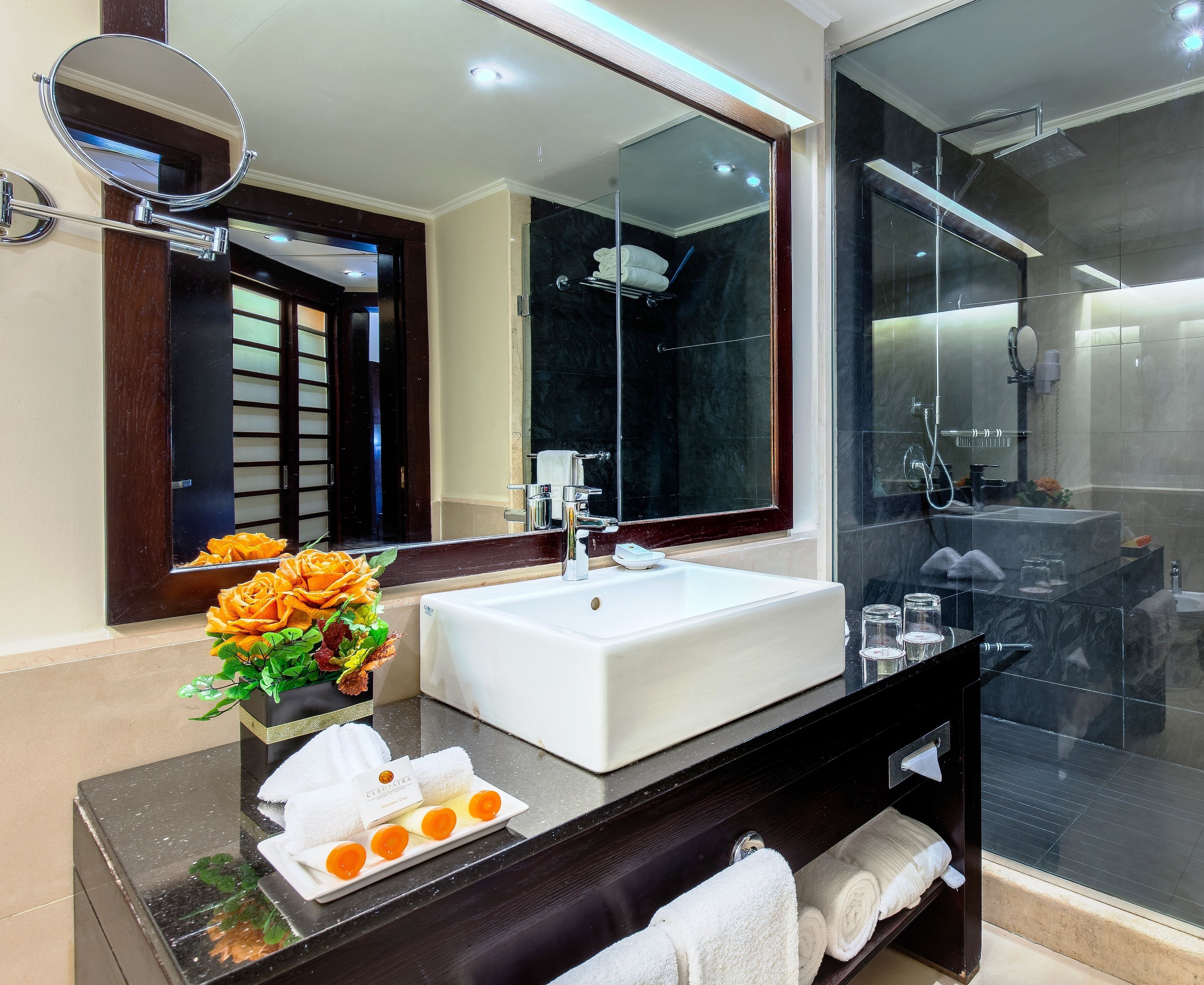 rainfall showerhead, free toiletries, hair dryer, slippers