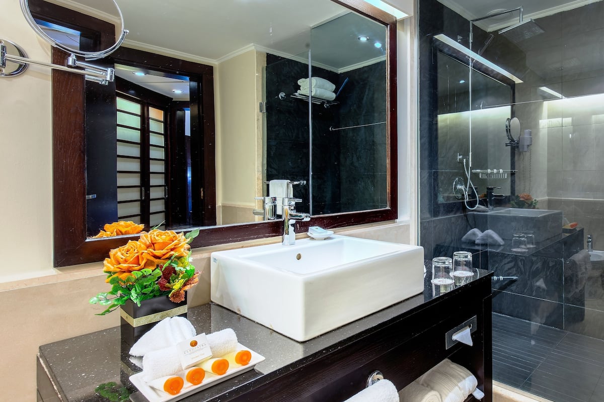 rainfall showerhead, free toiletries, hair dryer, slippers