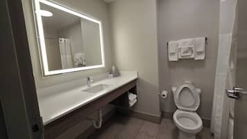 Combined shower/bathtub, free toiletries, hair dryer, towels
