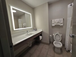 A modern bathroom with a large mirror, white sink, and toilet.