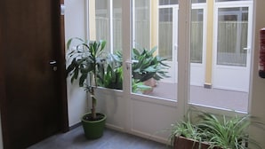 Un pasillo con una puerta de madera, una planta en maceta y una puerta de cristal que da a un área exterior con vistas a una valla y un edificio.