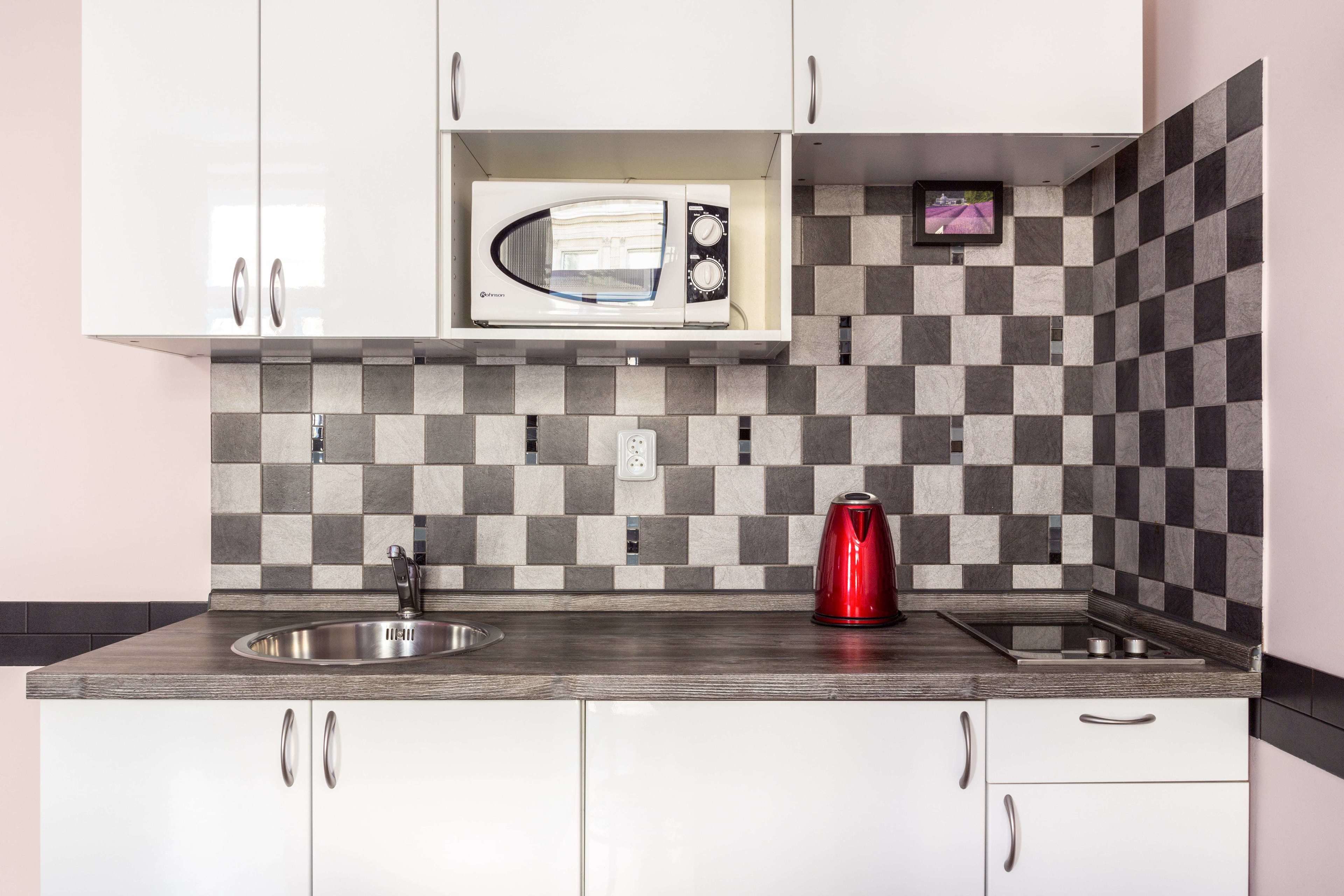 Fridge, microwave, stovetop, electric kettle