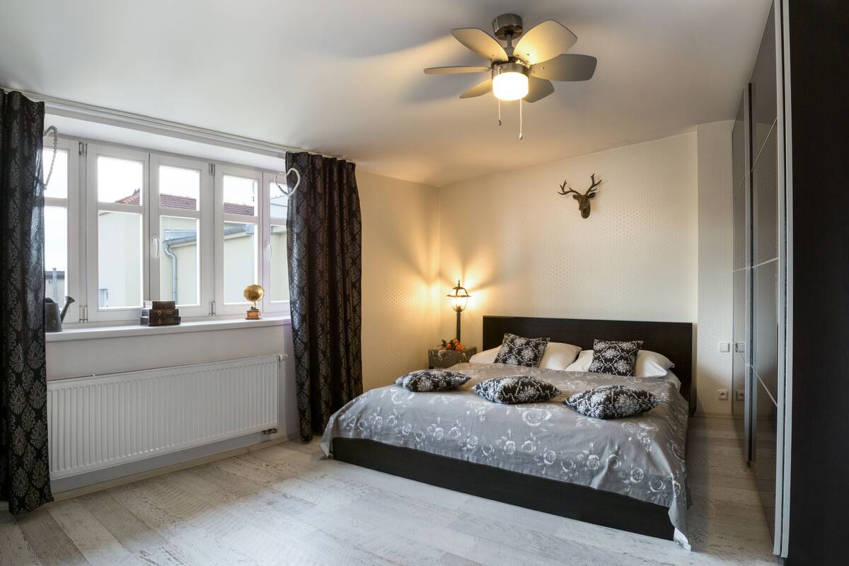 A bedroom with a bed, a ceiling fan, a window with curtains, a wall-mounted deer head decoration, and a bedside lamp.