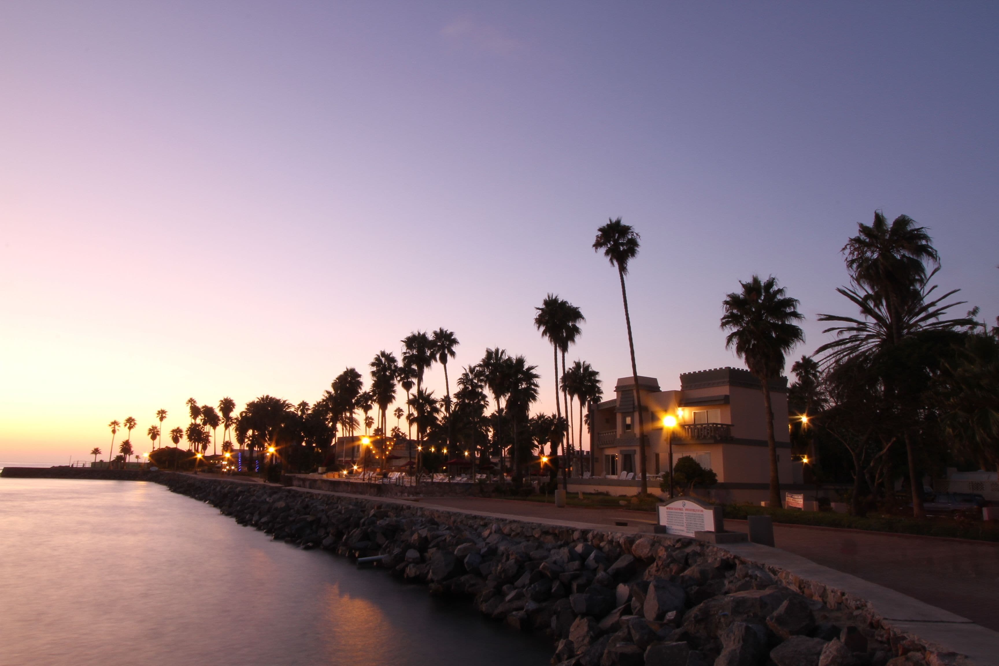 A coastal view with a rocky breakwater, palm trees, and buildings with balconies under a twilight sky.