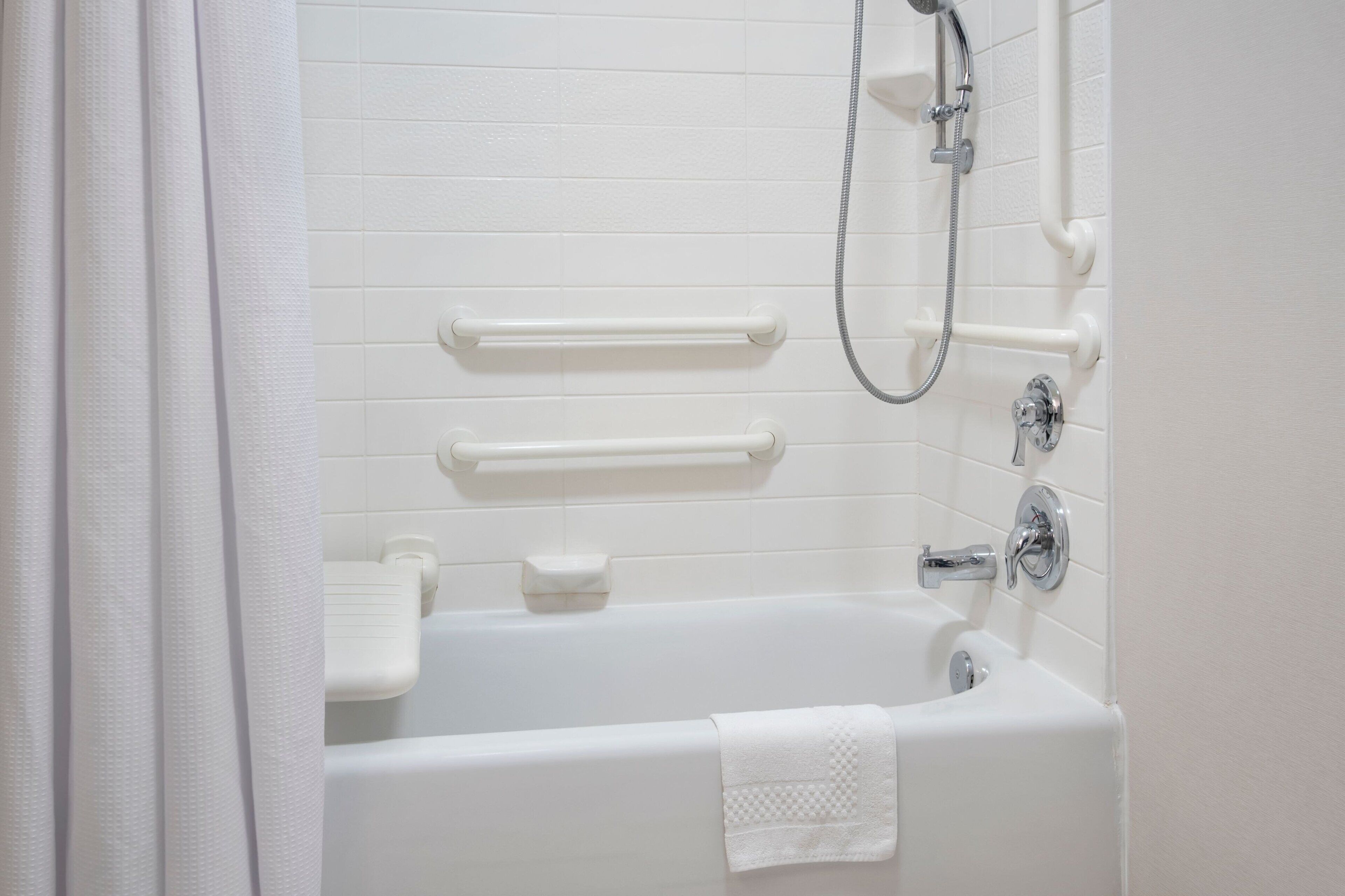 desk, laptop workspace, blackout curtains, iron/ironing board