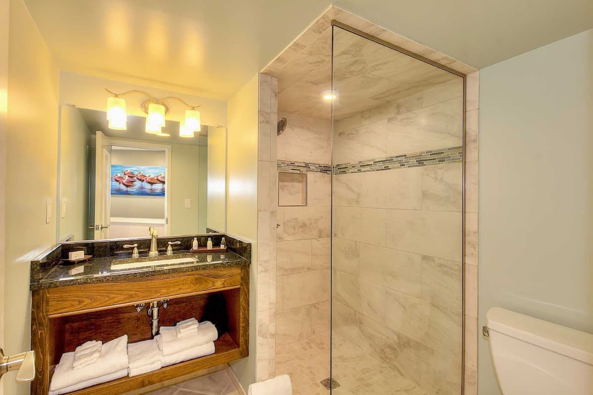 designer toiletries, hair dryer, towels, soap