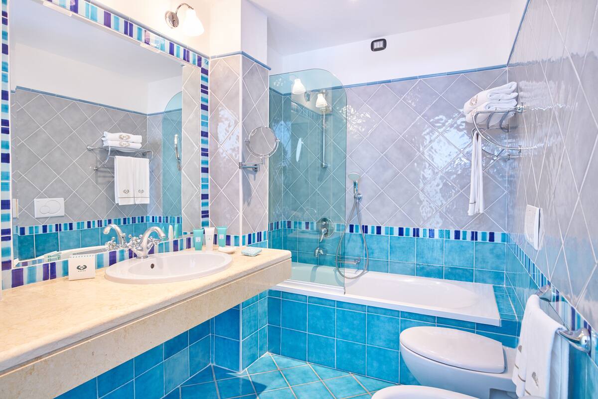 combined shower/bathtub, free toiletries, hair dryer, bathrobes