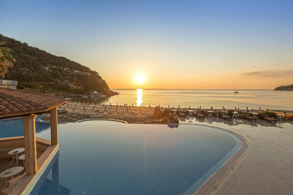 Outdoor pool, pool umbrellas, pool loungers