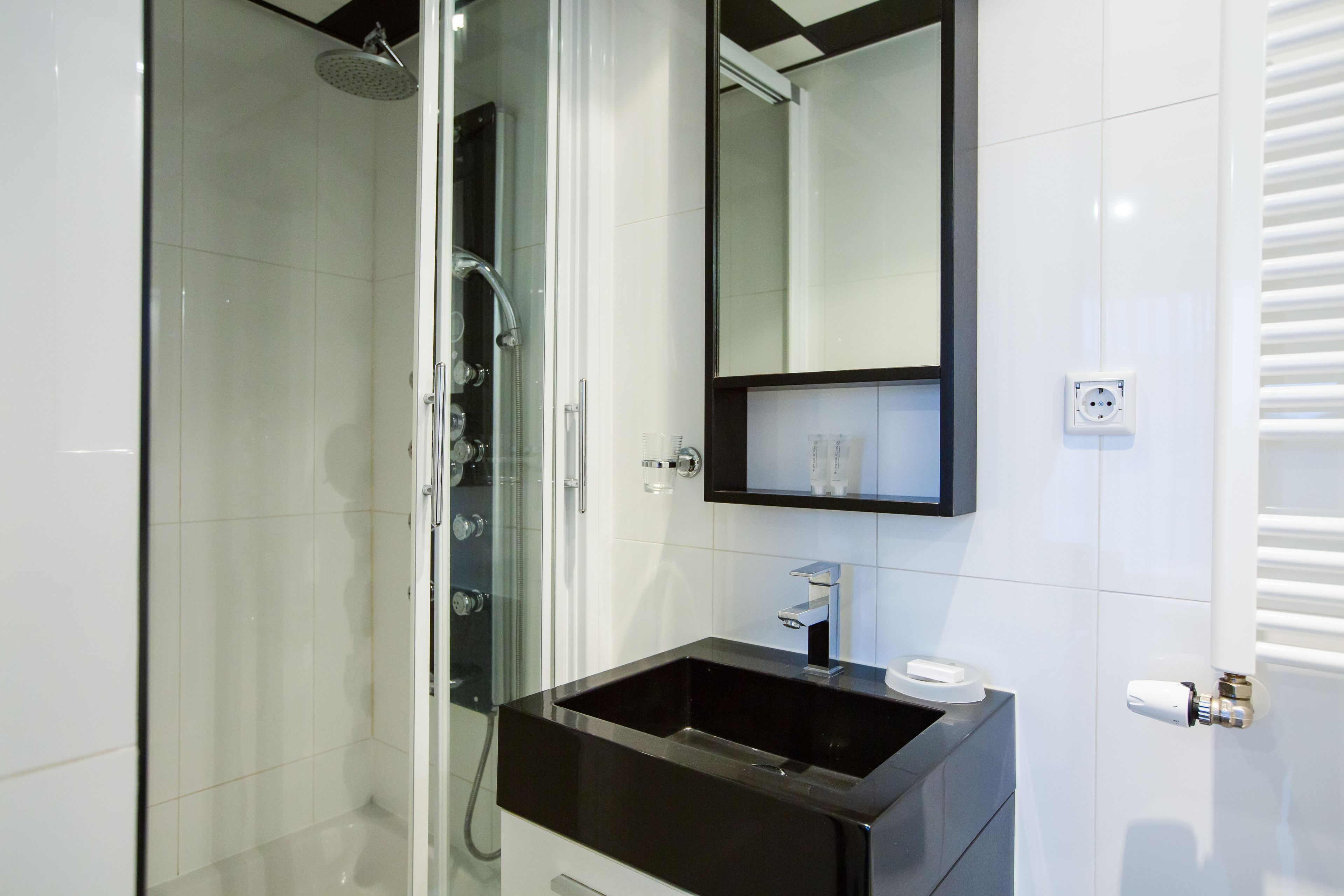A modern bathroom with a glass-enclosed shower, a black sink, and a mirror above the sink.