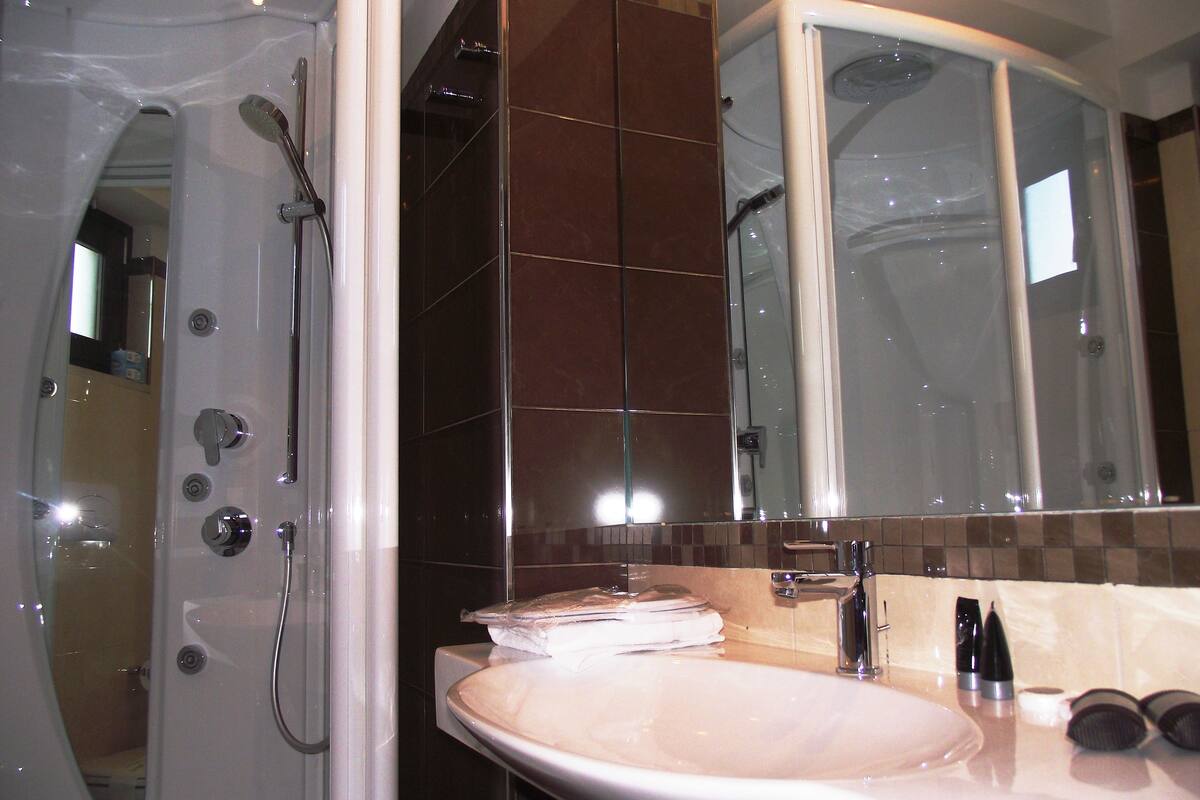 shower, rainfall showerhead, free toiletries, hair dryer