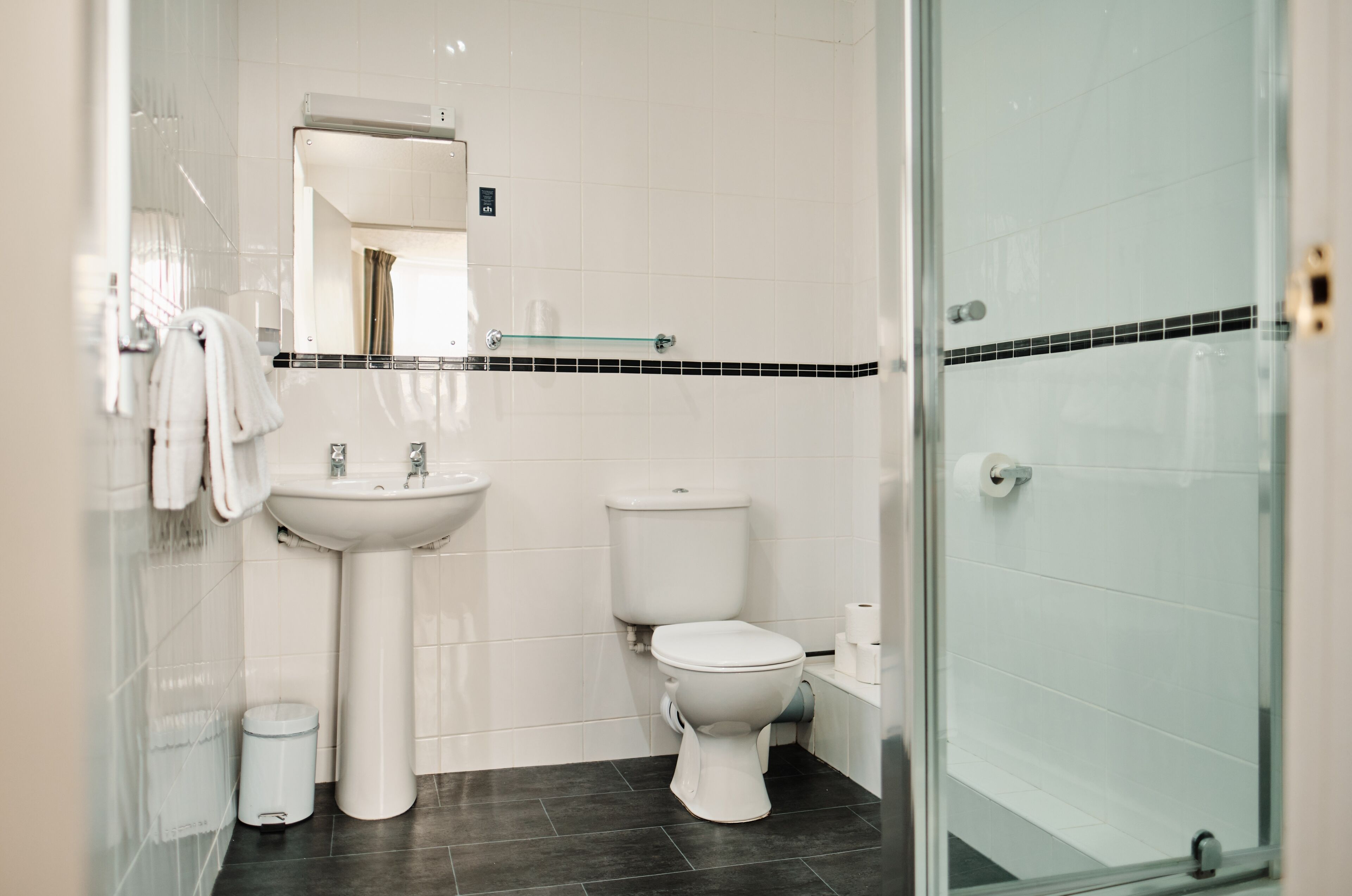 A modern bathroom with a white sink, toilet, and glass shower enclosure.