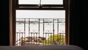 Vista a través de una ventana con barandilla metálica, que da a un cuerpo de agua y algo de vegetación.