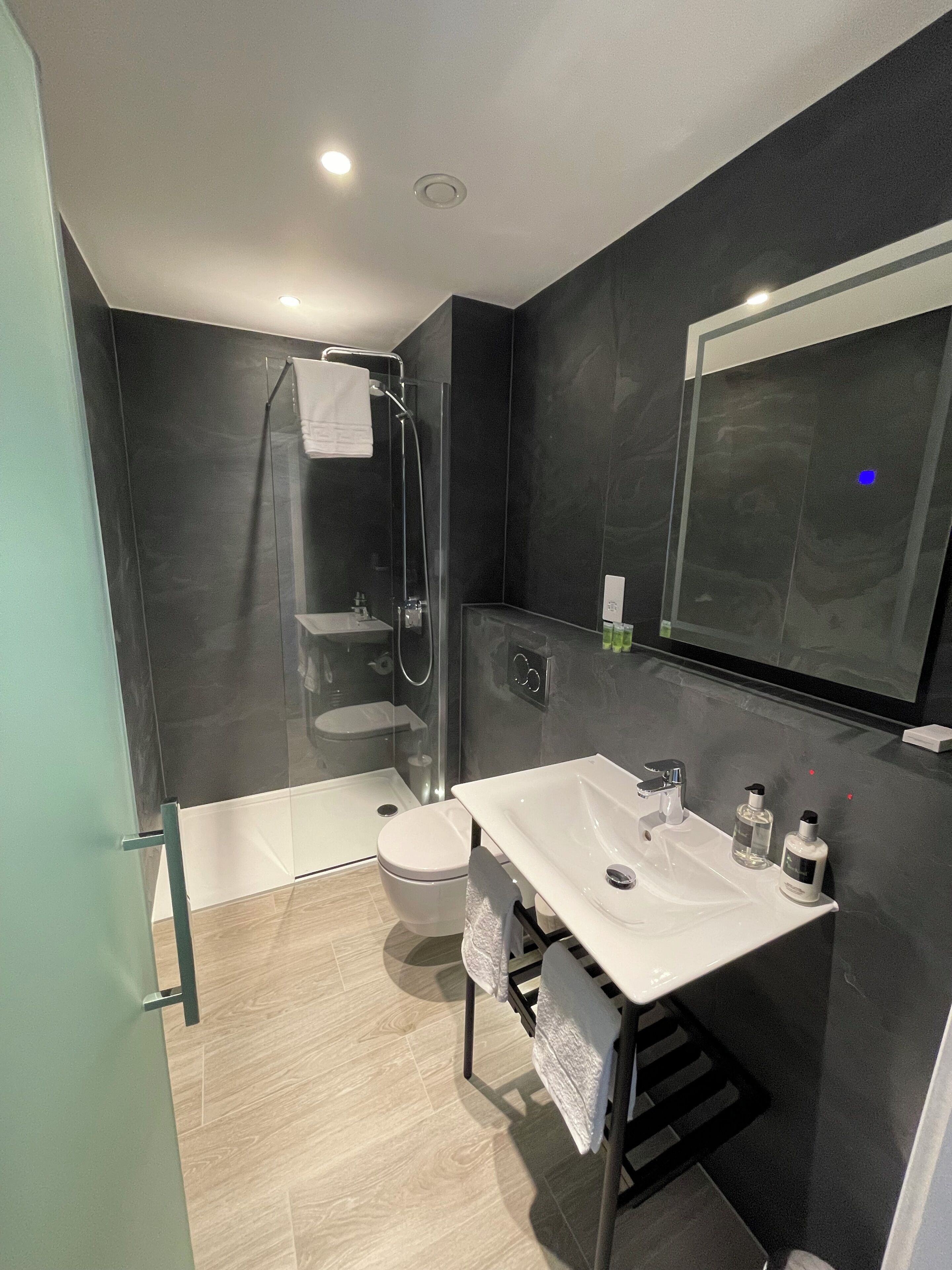 A modern bathroom with a glass-enclosed shower, a white sink, and a large mirror.