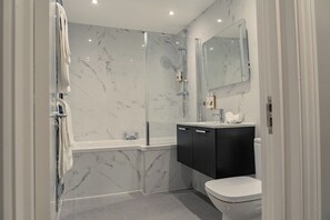 Shower, hair dryer, towels