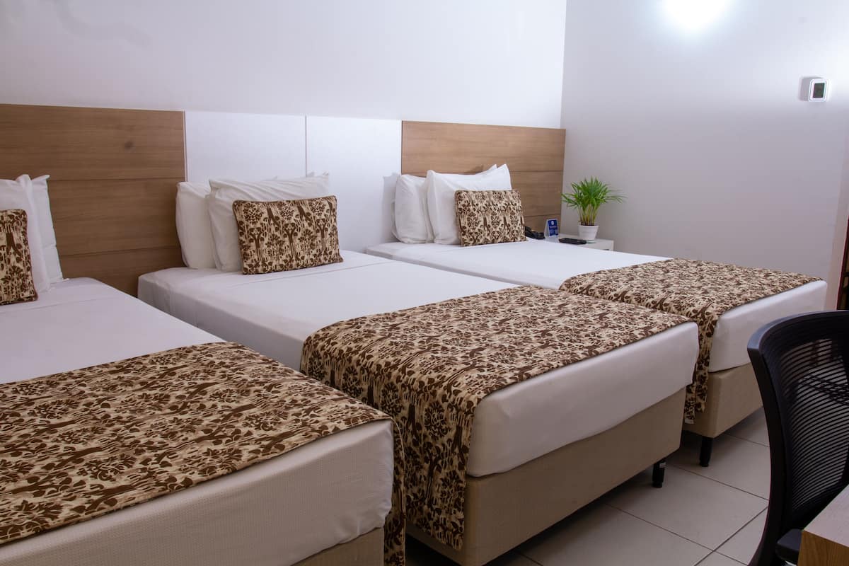 Une chambre d’hôtel avec trois lits, chacun recouvert d’une couvre-lit à motifs, avec des oreillers blancs et une tête de lit en bois. On trouve une petite plante en pot sur une table de chevet et une chaise de bureau noire.