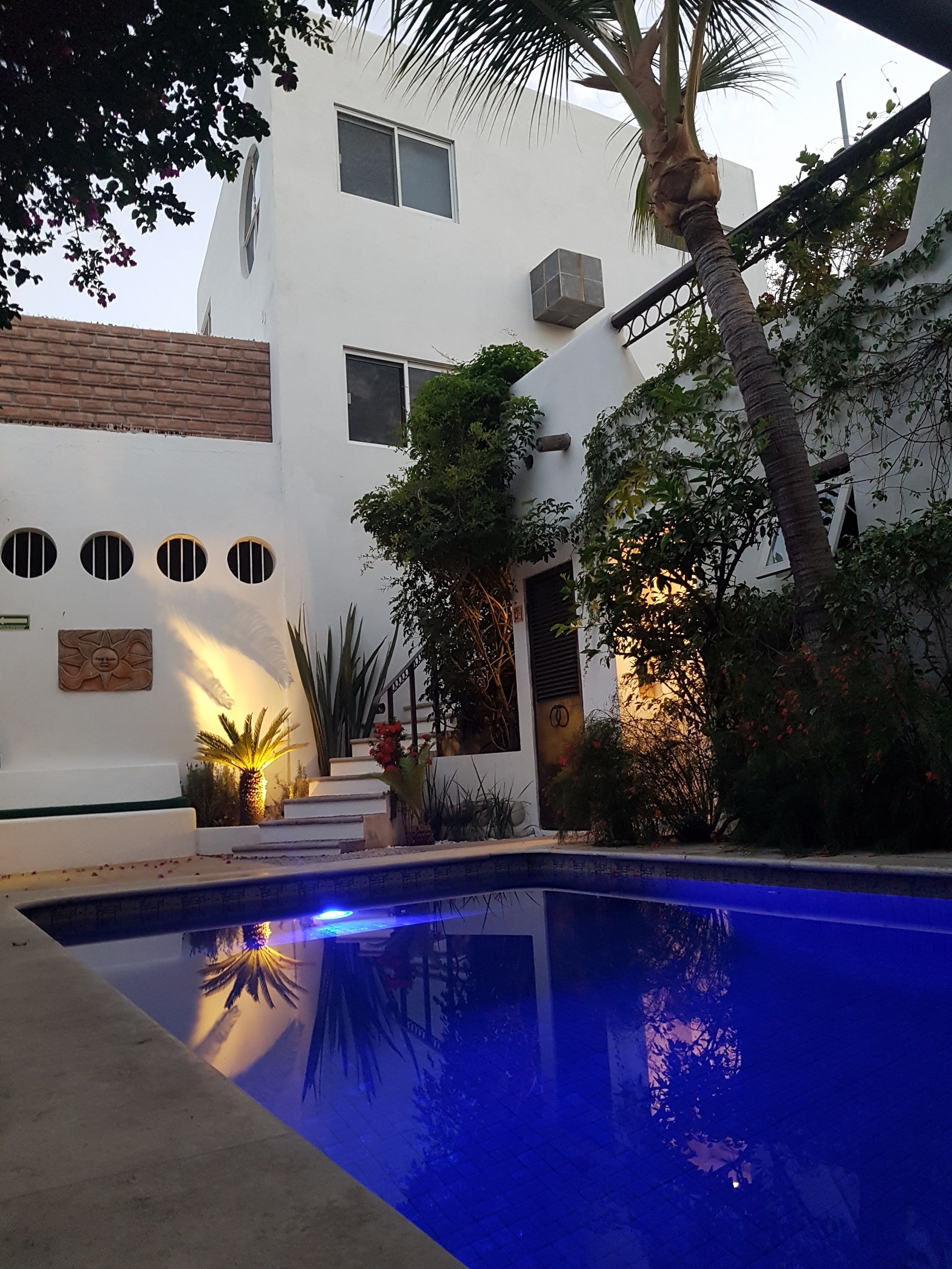 outdoor pool, pool umbrellas, pool loungers