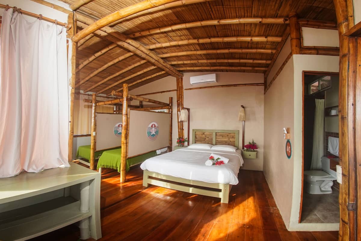 Una habitación con cama, escritorio, baño y zona de ducha.