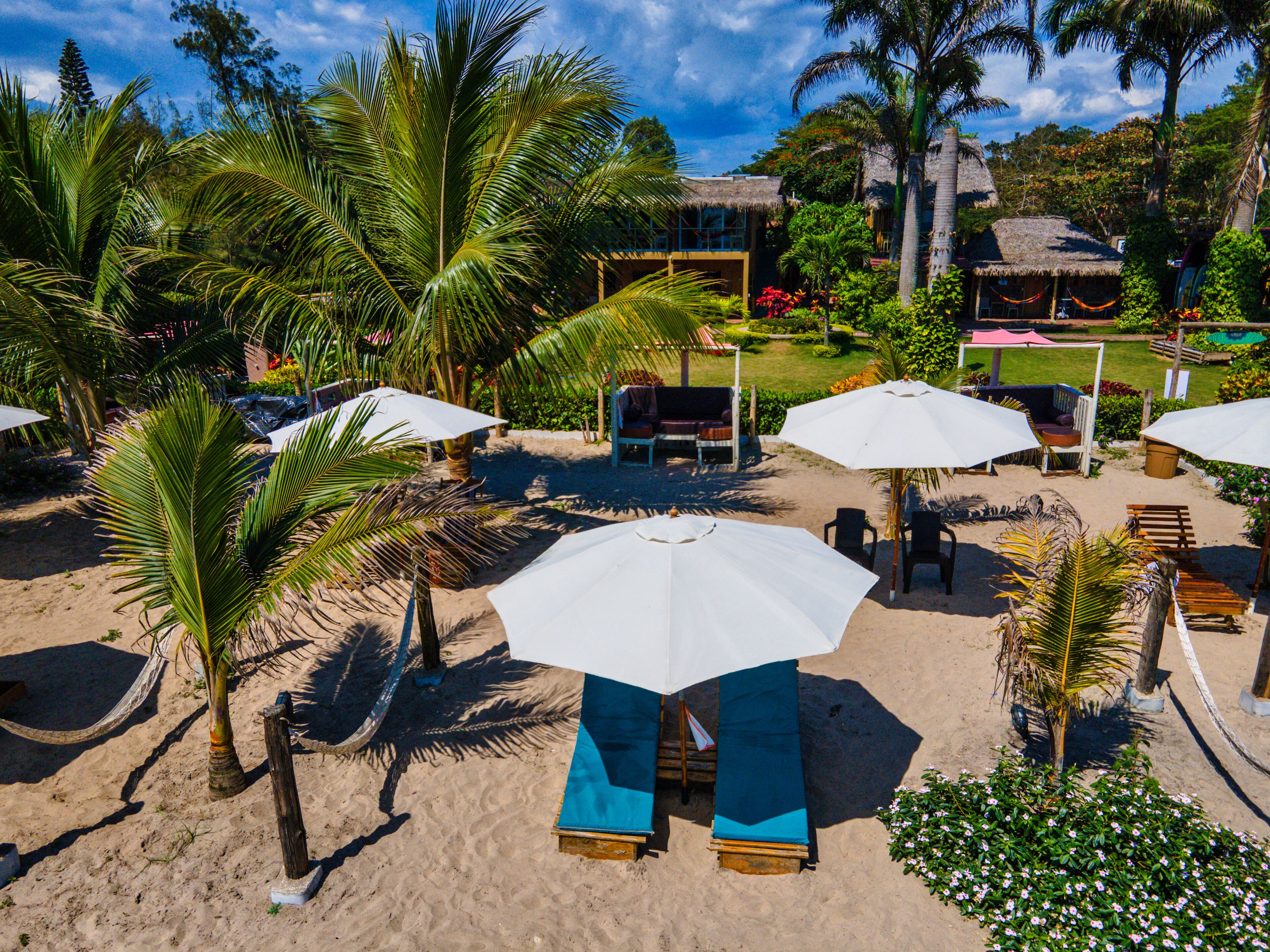 Un resort frente al mar con sillones de playa y sombrillas, palmeras y edificios con techo de paja.