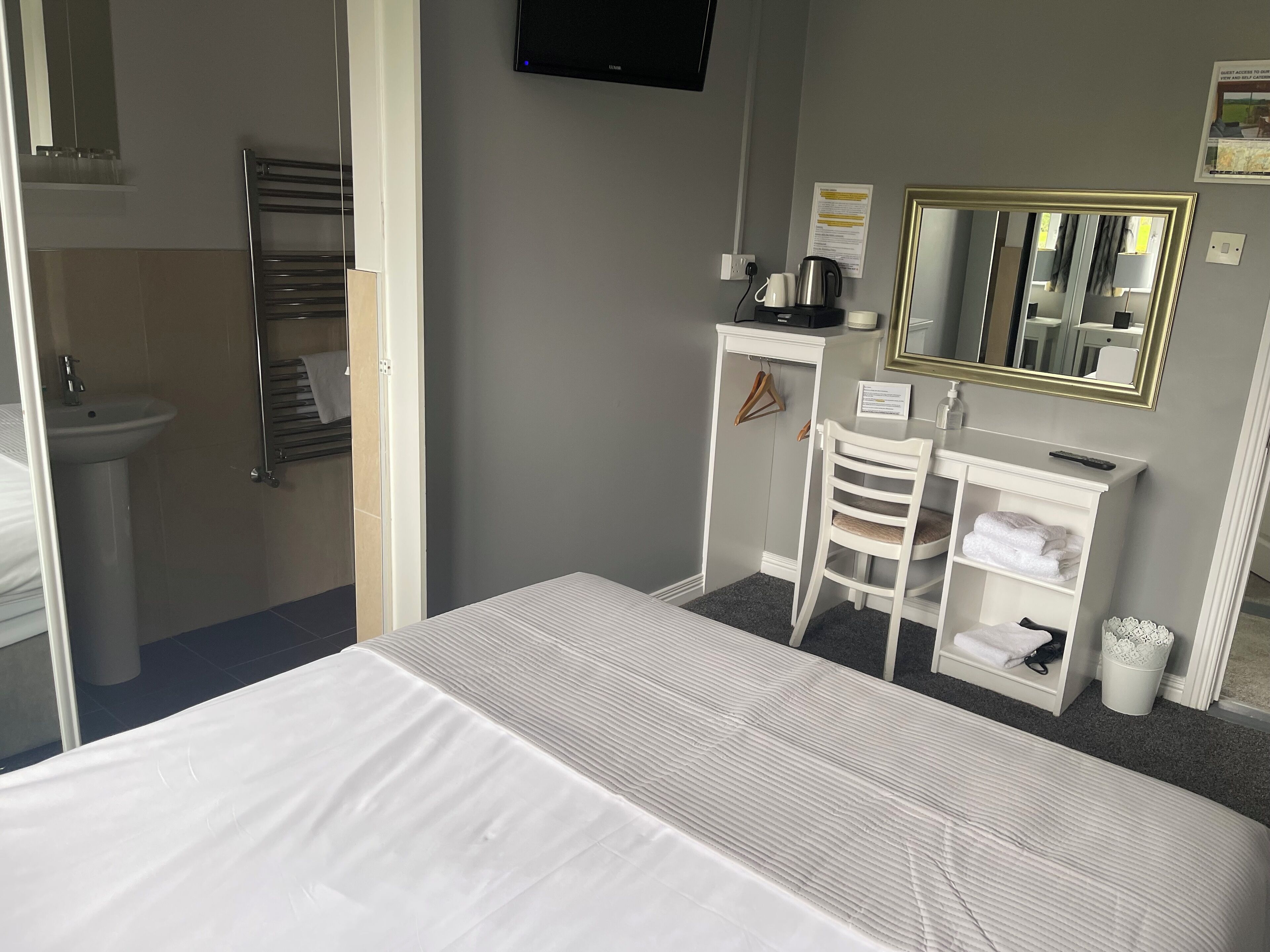 A hotel room with a bed, a sink, a mirror, a small desk, and a chair.