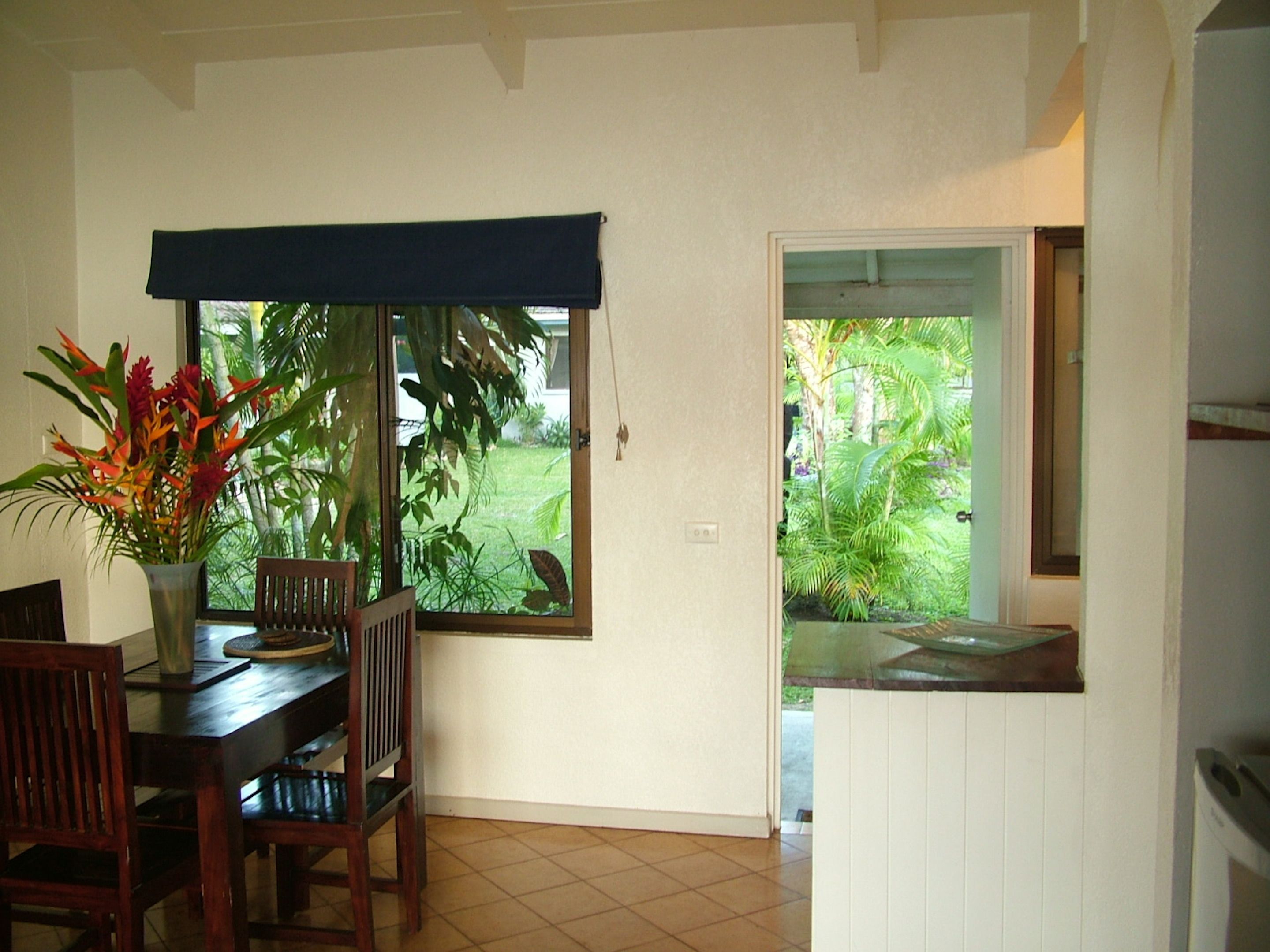 A dining area with a table and chairs, a window with a view of greenery, and a kitchen area with a counter and cabinets.