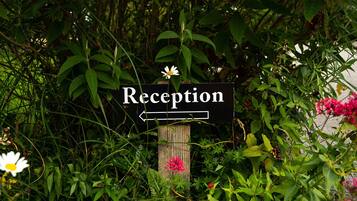 Una señal con la leyenda 'Reception' y una flecha que apunta a la izquierda, rodeada de abundante follaje y flores.