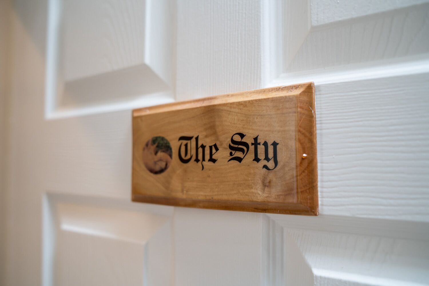 A wooden sign with the text "The Sty" mounted on a white door.