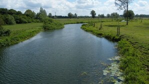 Een rivier kronkelt door een groen landschap met bomen en open velden.