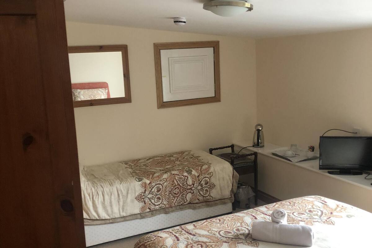 Une chambre d’hôtel avec deux lits, une télévision et un petit bureau.
