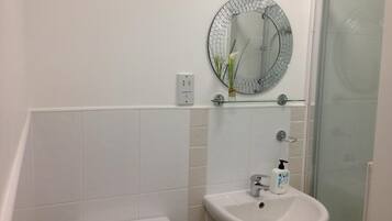 A bathroom with a toilet, sink, and a glass shower enclosure.