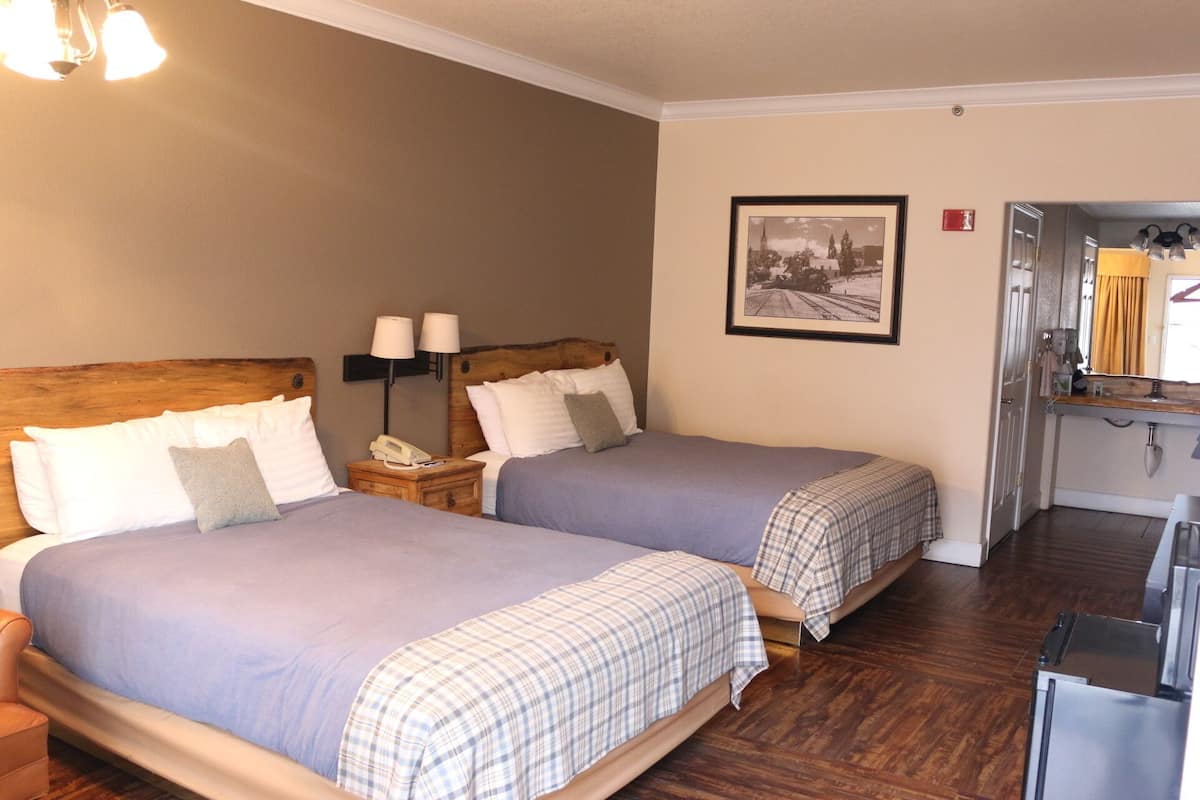 Une chambre d’hôtel avec deux lits, des têtes de lit en bois, une table de chevet avec une lampe, un tableau encadré au mur et un coin cuisine.