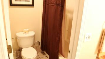 Een kleine badkamer met toilet, douchegordijn en een lijst met een afbeelding aan de muur.