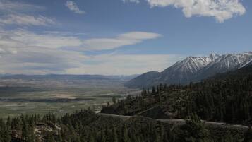 A mountainous landscape with a winding road and dense forest.