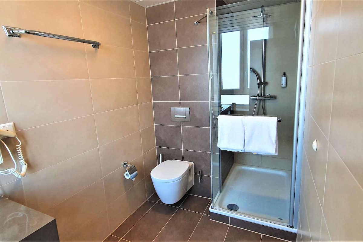 deluxe room, 1 king bed | bathroom | rainfall showerhead, eco-friendly toiletries, hair dryer, towels