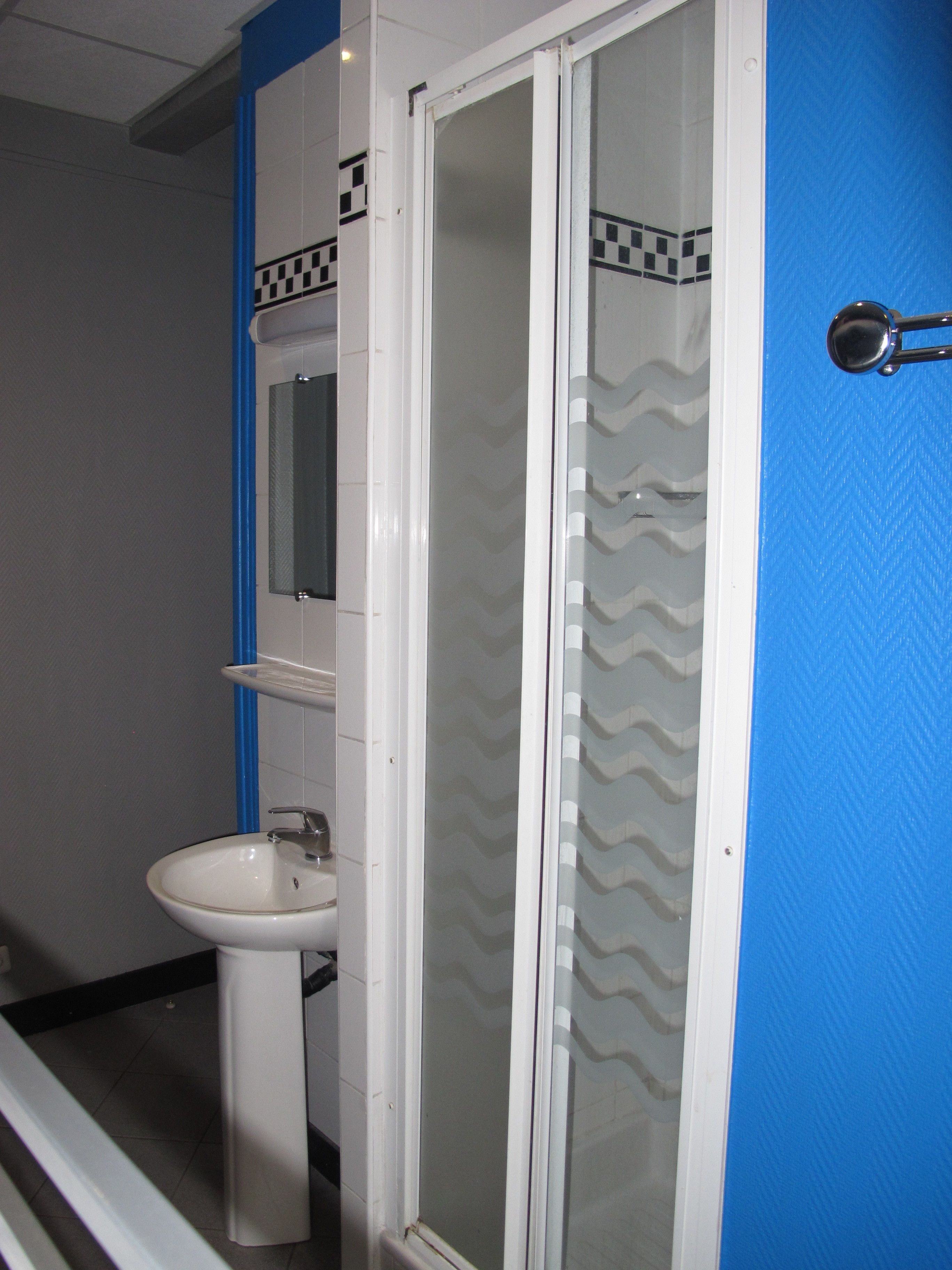 Une salle de bain avec un lavabo blanc, un miroir et une douche dotée d’une porte en verre.