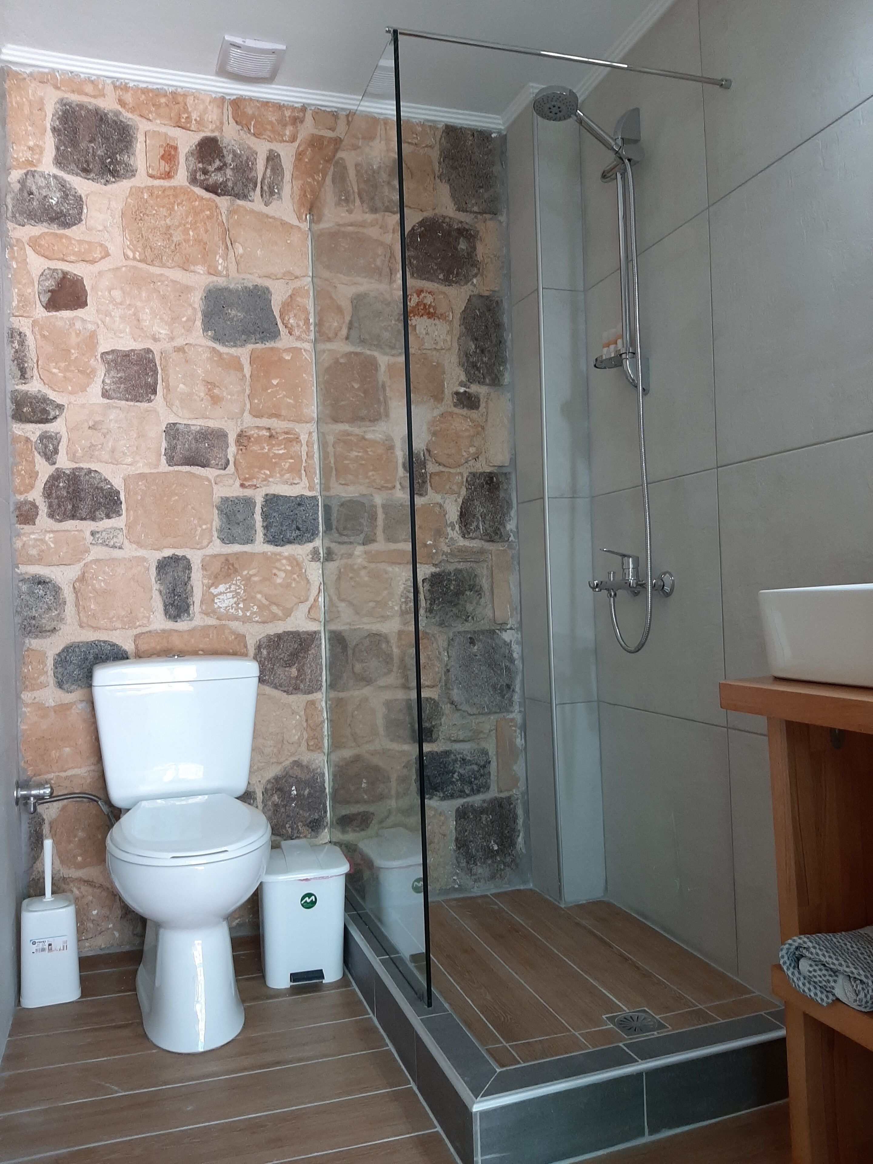A bathroom with a stone wall, a glass shower enclosure, a toilet, and a sink.