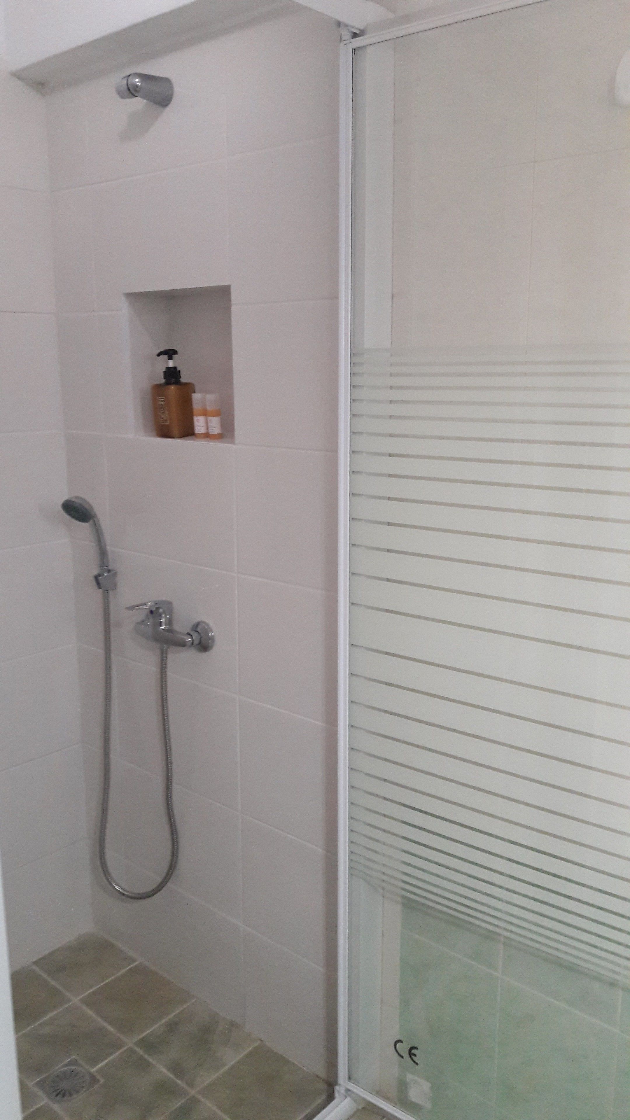Une douche équipée d’un pommeau de douche à main et d’un robinet mural, une petite étagère pour les articles de toilette et une porte en verre avec une poignée en métal.