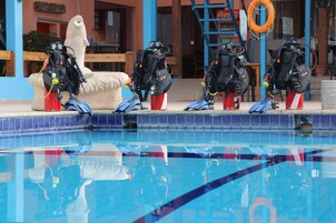 A pool area with diving equipment and a lifebuoy.