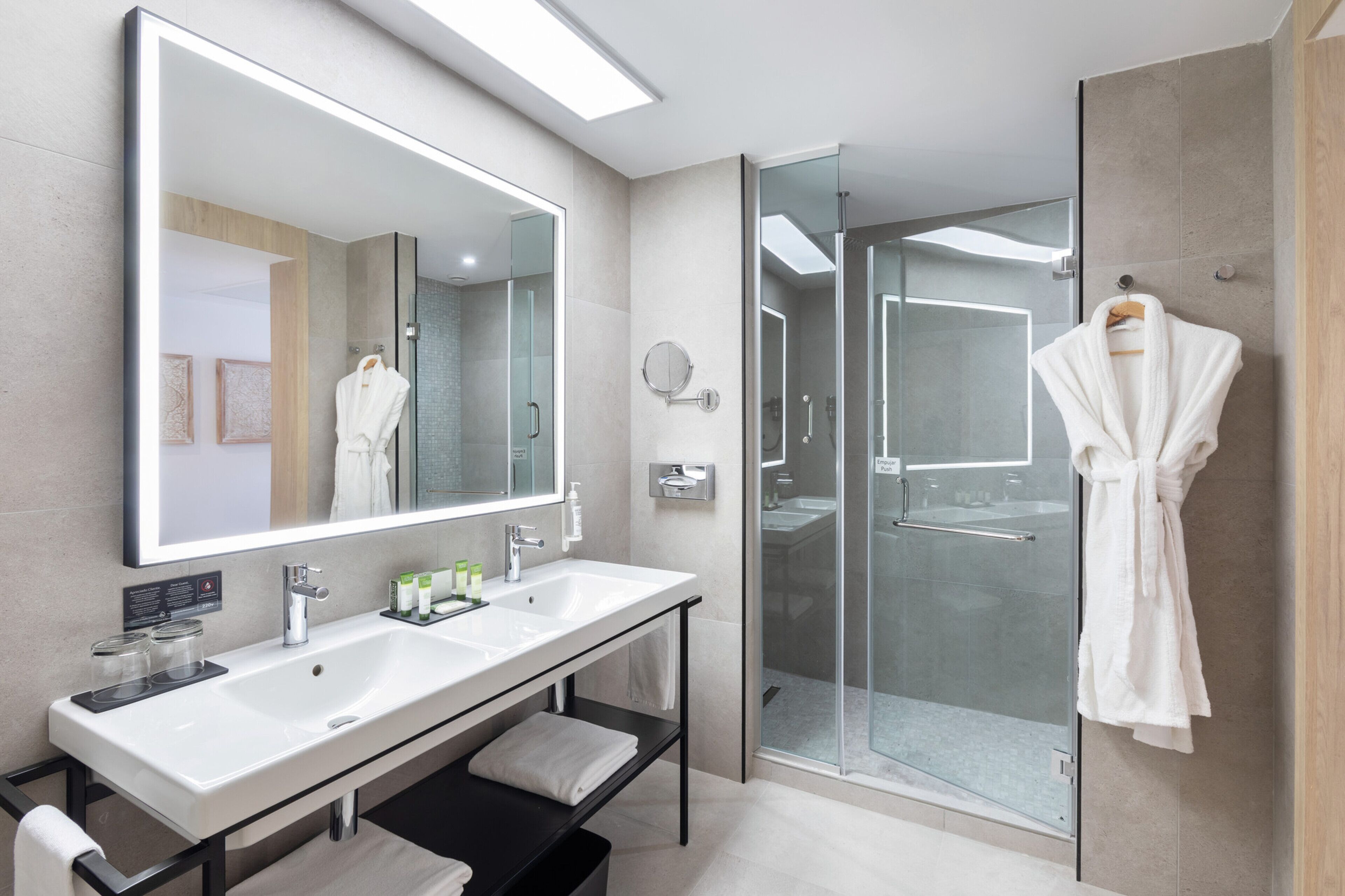 shower, eco-friendly toiletries, hair dryer, bathrobes