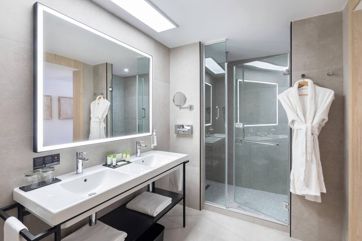 shower, eco-friendly toiletries, hair dryer, bathrobes