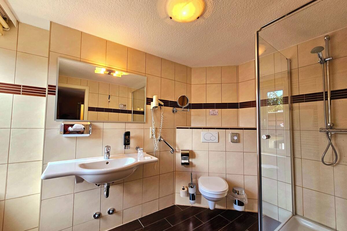 basic single room | bathroom | shower, free toiletries, hair dryer, towels
